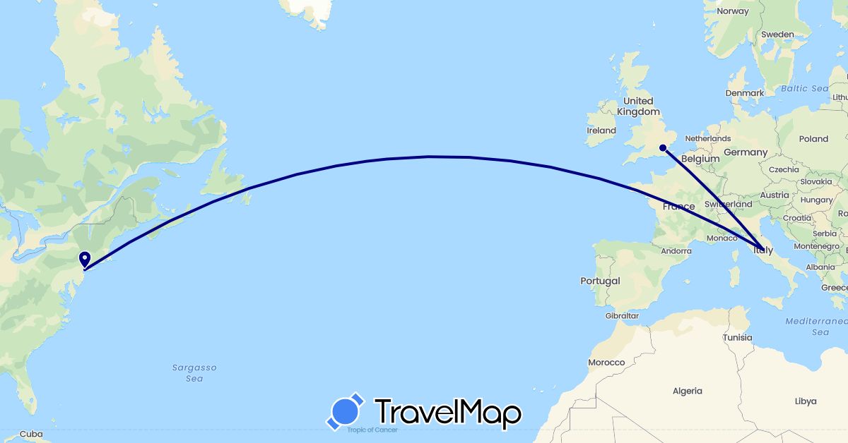 TravelMap itinerary: driving in United Kingdom, Italy, United States (Europe, North America)